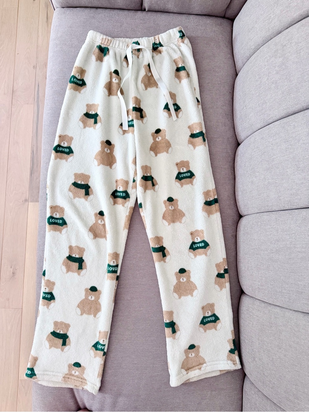 Cozy Bear Print Pajama Pants Cream with Tan & Green